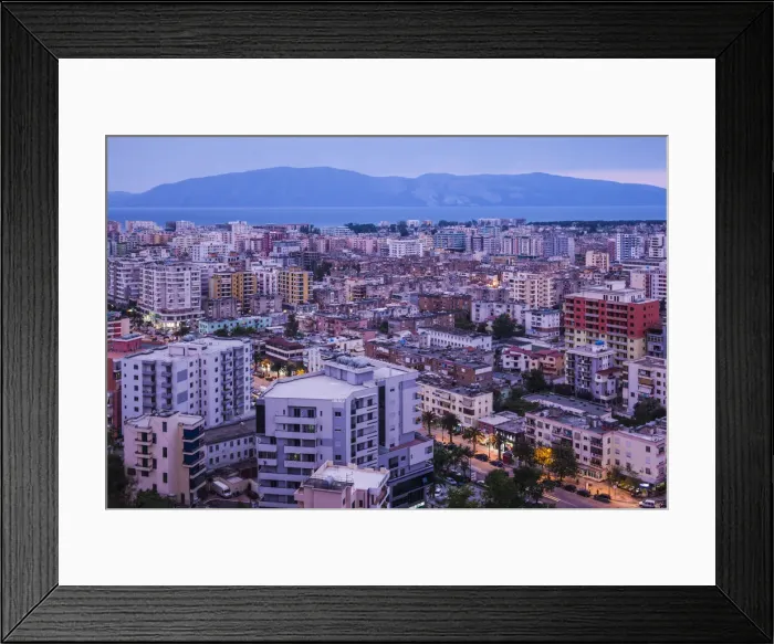 Framed Print : Albania, Vlora, elevated city view, dusk Framed Print : Albania, Vlora, elevated city view, dusk