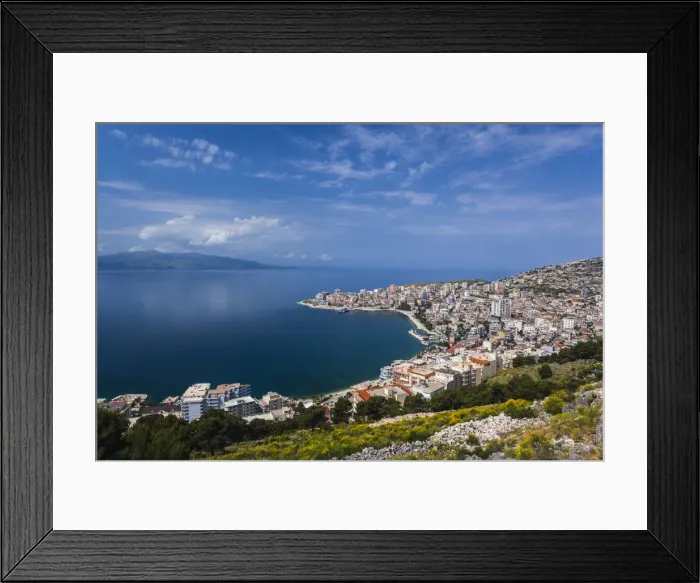 Framed Print : Albania, Albanian Riviera, Saranda, elevated city view Framed Print : Albania, Albanian Riviera, Saranda, elevated city view