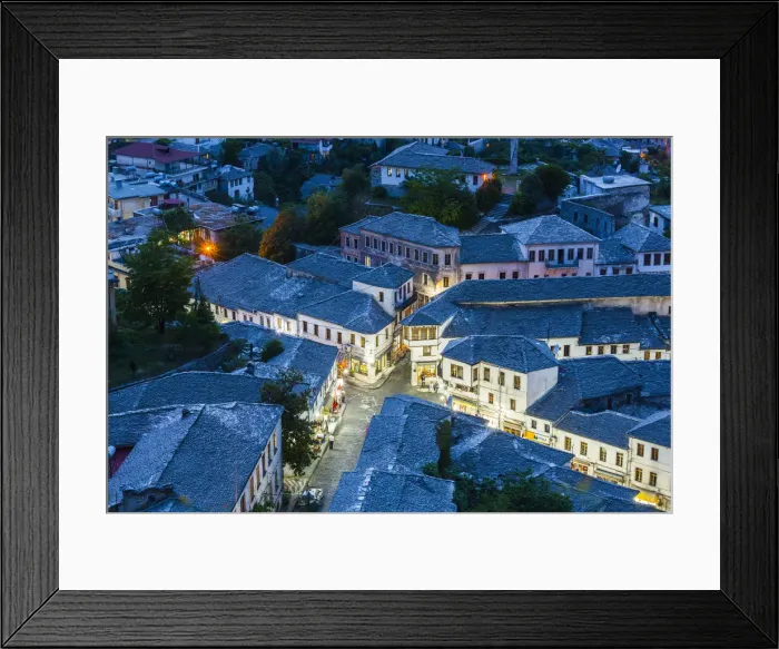 Framed Print : Albania, Gjirokastra, elevated town view from the castle, dusk Framed Print : Albania, Gjirokastra, elevated town view from the castle, dusk