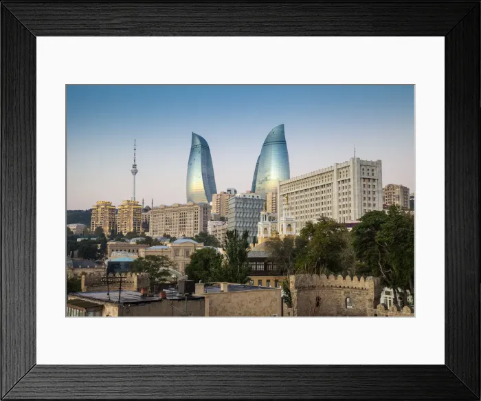 Framed Print : Azerbaijan, Baku, View looking over the walls of the old town to the Flame Towers Framed Print : Azerbaijan, Baku, View looking over the walls of the old town to the Flame Towers