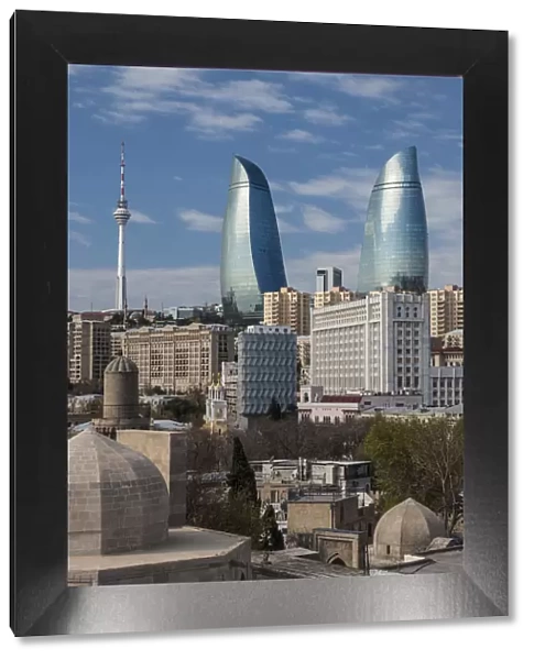 Azerbaijan, Baku, high angle view of Baku Television Tower and Flame Towers