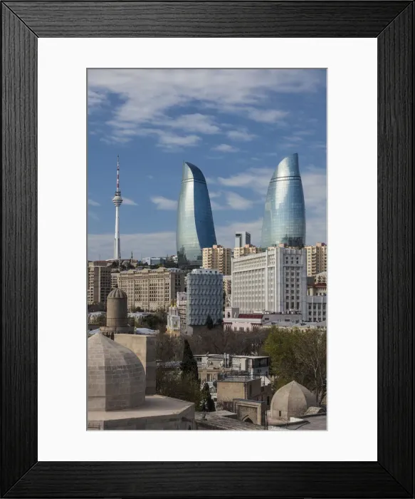 Framed Print : Azerbaijan, Baku, high angle view of Baku Television Tower and Flame Towers Framed Print : Azerbaijan, Baku, high angle view of Baku Television Tower and Flame Towers