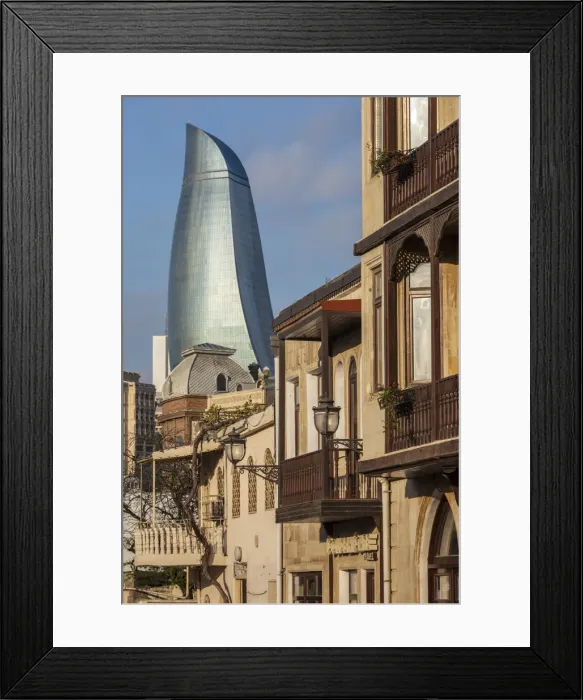 Framed Print : Azerbaijan, Baku, Old City and Flame Towers Framed Print : Azerbaijan, Baku, Old City and Flame Towers