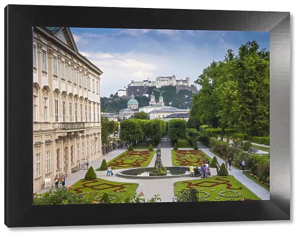 Austria, Salzburg, View of Hohensalzburg Castle from Mirabell Palace and Gardens