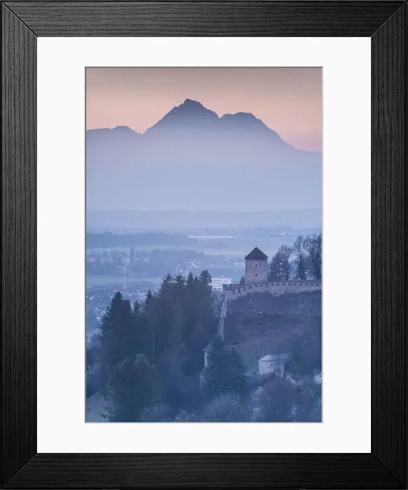 Framed Print : Austria, Salzburgerland, Salzburg, Richterhohe fortress and mountains, winter. dusk