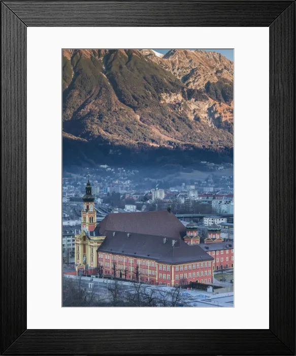 Framed Print : Austria, Tyrol, Innsbruck, elevated view of the Wilten Abbey Church, dawn, winter Framed Print : Austria, Tyrol, Innsbruck, elevated view of the Wilten Abbey Church, dawn, winter