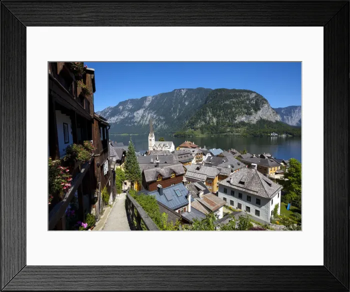 Framed Print : Elevated view over village & Lake, Hallstatt, Hallstattersee, Oberosterreich, Austria Framed Print : Elevated view over village & Lake, Hallstatt, Hallstattersee, Oberosterreich, Austria