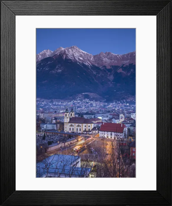 Framed Print : Austria, Tyrol, Innsbruck, elevated view of the Wilten Basilica, dawn, winter Framed Print : Austria, Tyrol, Innsbruck, elevated view of the Wilten Basilica, dawn, winter