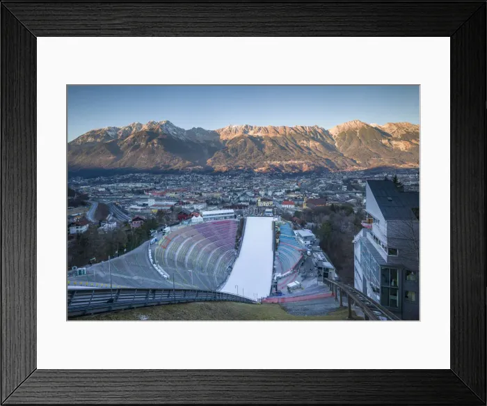 Framed Print : Austria, Tyrol, Innsbruck, ski jump and city view at sunset from the Bergeisel, Olympic Framed Print : Austria, Tyrol, Innsbruck, ski jump and city view at sunset from the Bergeisel, Olympic