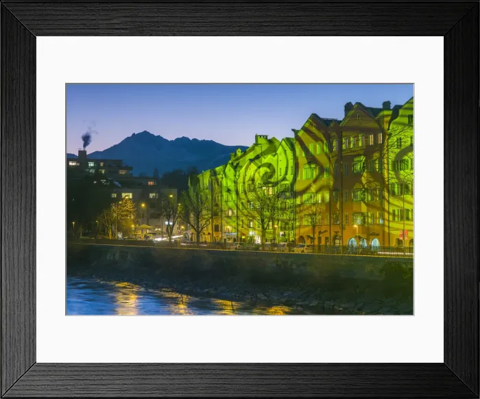 Framed Print : Austria, Tyrol, Innsbruck, New Years Eve, laser projections on buildings, evening