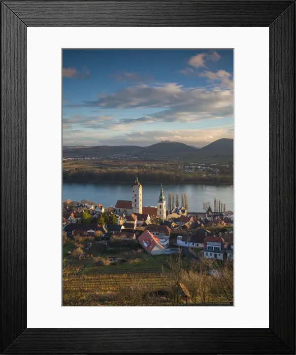 Framed Print : Austria, Lower Austria, Stein an der Donau, elevated view of town and Danube River Framed Print : Austria, Lower Austria, Stein an der Donau, elevated view of town and Danube River