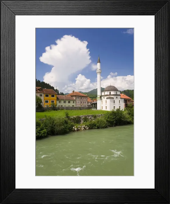 Framed Print : Eastern Europe, Balkans, Bosnia and Herzegovina, Mosque and Neretva river in the town Framed Print : Eastern Europe, Balkans, Bosnia and Herzegovina, Mosque and Neretva river in the town