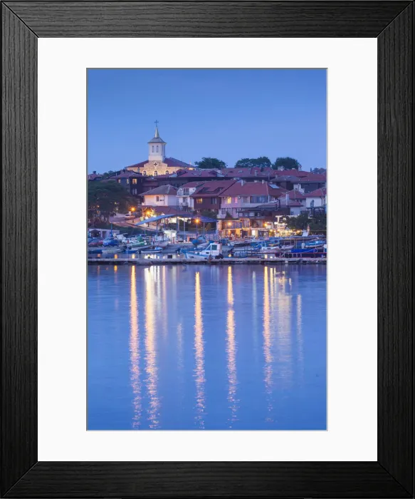 Framed Print : Bulgaria, Black Sea Coast, Nesebar, waterfront view of town, dusk
