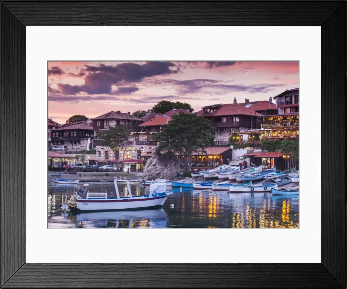 Framed Print : Bulgaria, Black Sea Coast, Nesebar, waterfront restaurants, dusk Framed Print : Bulgaria, Black Sea Coast, Nesebar, waterfront restaurants, dusk