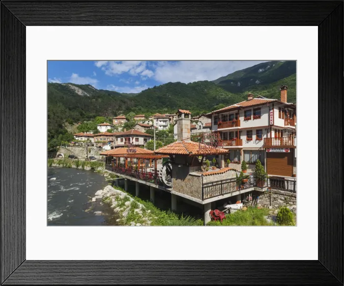 Framed Print : Bulgaria, Southern Mountains, Bachkovo, riverside restaurants Framed Print : Bulgaria, Southern Mountains, Bachkovo, riverside restaurants