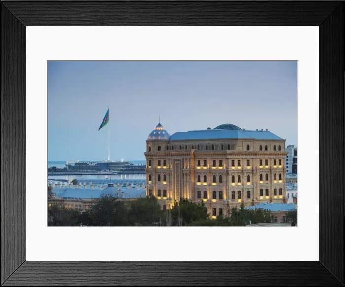 Framed Print : Azerbaijan, Baku, View over the Old Town towards the Four Seasons Hotel with Baku Framed Print : Azerbaijan, Baku, View over the Old Town towards the Four Seasons Hotel with Baku
