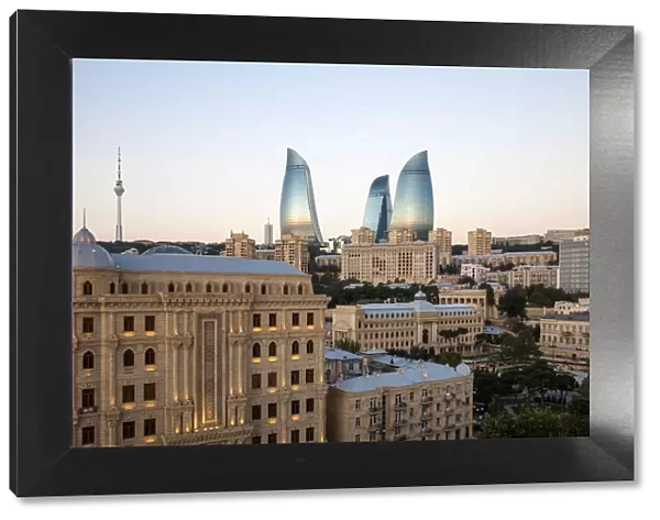 Azerbaijan, Baku, View of Flame Towers and tV Tower at dawn