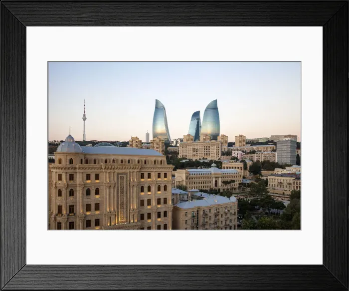 Framed Print : Azerbaijan, Baku, View of Flame Towers and tV Tower at dawn Framed Print : Azerbaijan, Baku, View of Flame Towers and tV Tower at dawn