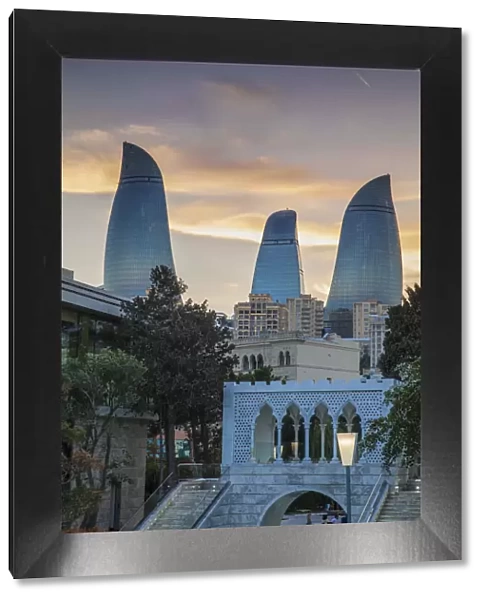 Azerbaijan, Baku, Bridge at Venecia restaurant and Flame Towers