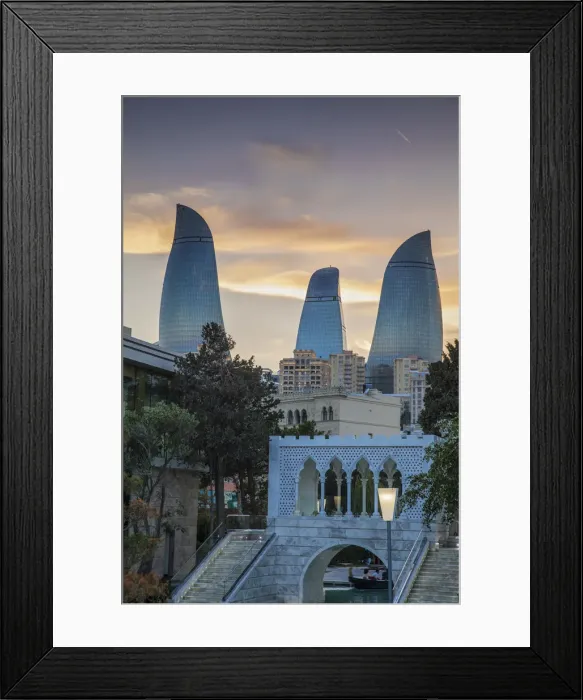 Framed Print : Azerbaijan, Baku, Bridge at Venecia restaurant and Flame Towers