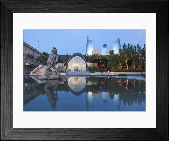 Framed Print : Azerbaijan, Baku, Flame Towers and entrance to Funicular railway reflecting in Bharam Framed Print : Azerbaijan, Baku, Flame Towers and entrance to Funicular railway reflecting in Bharam