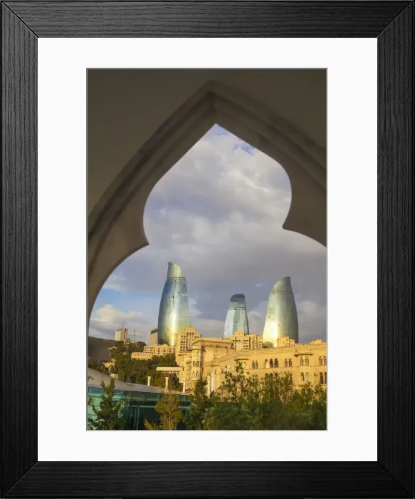 Framed Print : Azerbaijan, Baku, Flame Towers viewed through arches at Venezia Restaurant on Framed Print : Azerbaijan, Baku, Flame Towers viewed through arches at Venezia Restaurant on