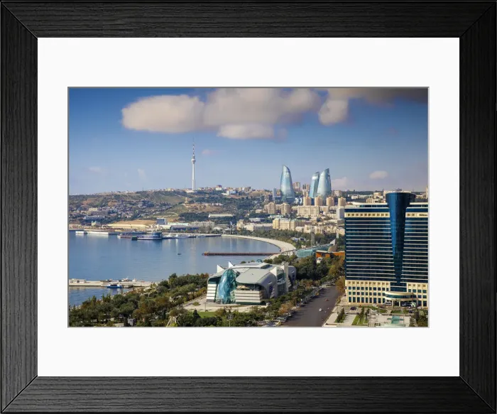 Framed Print : Azerbaijan, Baku, View of city looking towards Hilton Hotel, Park Bulvar shopping mall Framed Print : Azerbaijan, Baku, View of city looking towards Hilton Hotel, Park Bulvar shopping mall