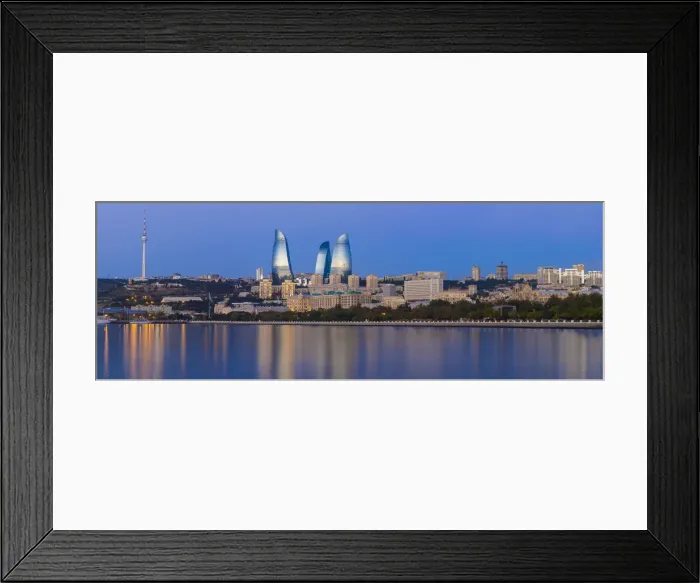 Framed Print : Azerbaijan, Baku, View of the Flame Towers reflecting in the Caspian Sea Framed Print : Azerbaijan, Baku, View of the Flame Towers reflecting in the Caspian Sea