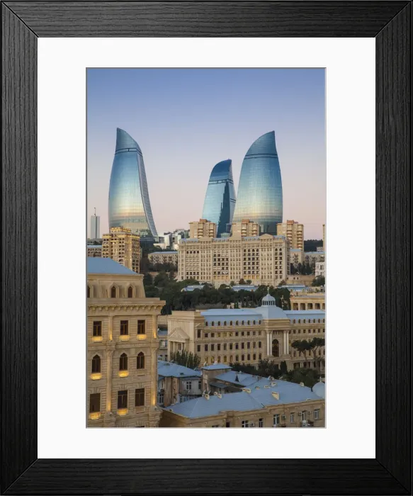 Framed Print : Azerbaijan, Baku, View of Flame Towers at dawn Framed Print : Azerbaijan, Baku, View of Flame Towers at dawn