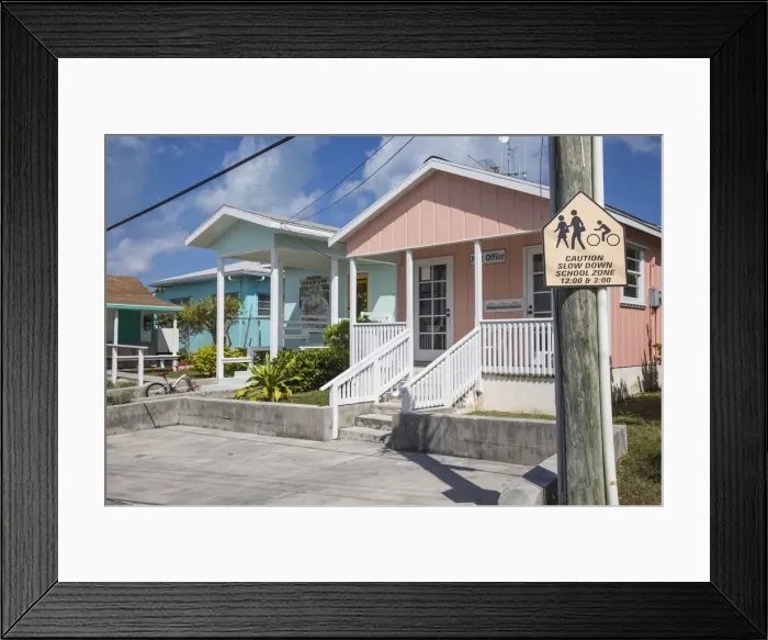 Framed Print : Bahamas, Abaco Islands, Man O War Cay, , Queens highway, Post office and school