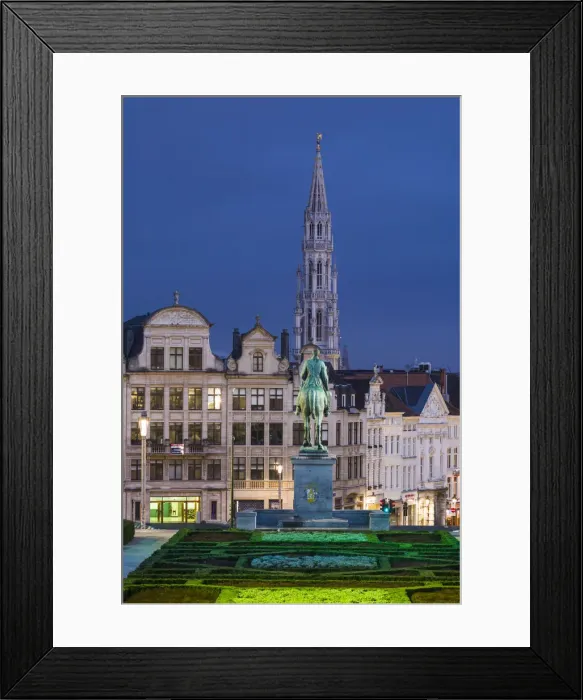 Framed Print : Belgium, Brussels, Mont des Arts, city skyline with Hotel de Ville tower, dawn