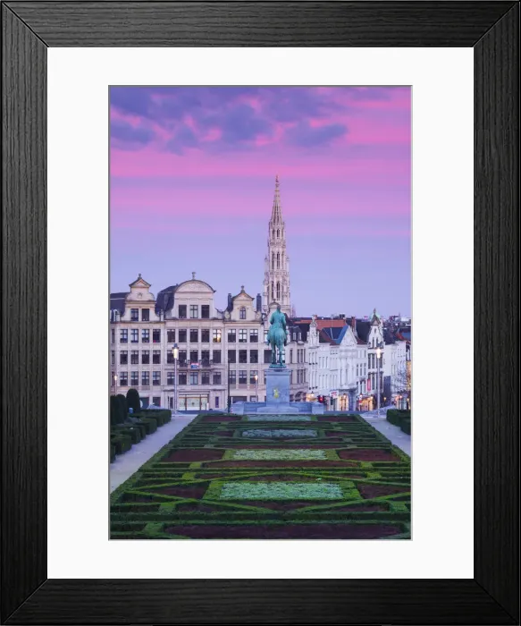 Framed Print : Belgium, Brussels, Mont des Arts, city skyline with Hotel de Ville tower, dawn