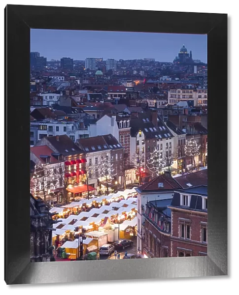 Belgium, Brussels, Place Ste-Catherine, Christmas Market, elevated view, dusk