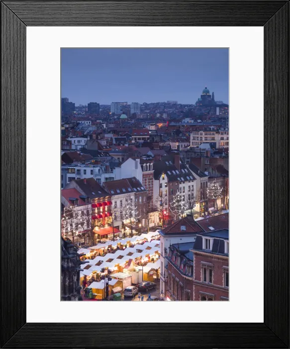 Framed Print : Belgium, Brussels, Place Ste-Catherine, Christmas Market, elevated view, dusk Framed Print : Belgium, Brussels, Place Ste-Catherine, Christmas Market, elevated view, dusk