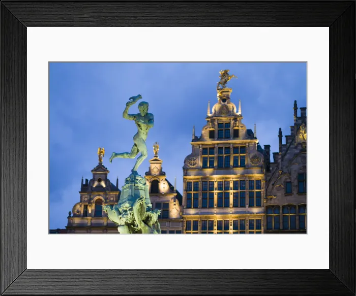 Framed Print : Belgium, Antwerp, Brabo Fountain and Grotemarkt, buildings, dusk Framed Print : Belgium, Antwerp, Brabo Fountain and Grotemarkt, buildings, dusk