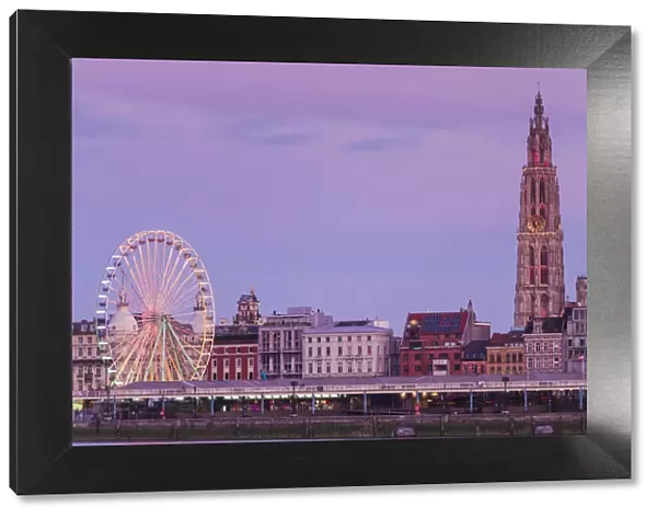 Belgium, Antwerp, city skyine from the Scheldt River, dusk