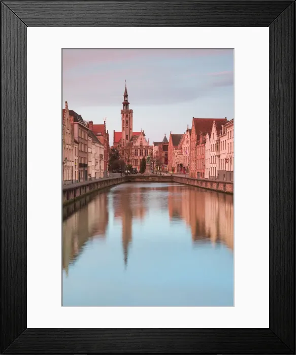 Framed Print : Belgium, Bruges, canal view towards Jan van Eyck Square, dawn Framed Print : Belgium, Bruges, canal view towards Jan van Eyck Square, dawn