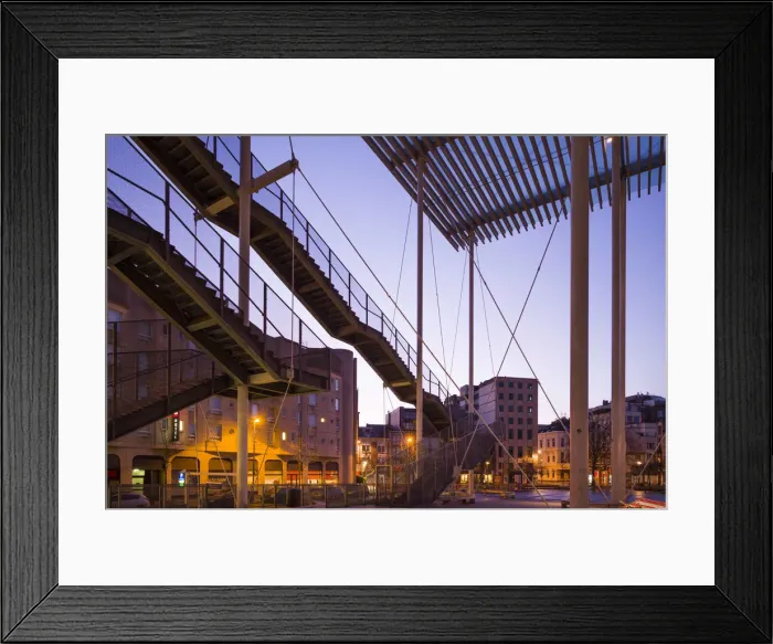 Framed Print : Belgium, Antwerp, Theaterplein, Stadsschowburg theater canopy and exterior stairs, dawn