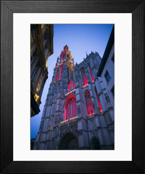 Framed Print : Belgium, Antwerp, Groenplaats, Onze-Lieve-Vrouwekathedraal cathedral, winter, dusk