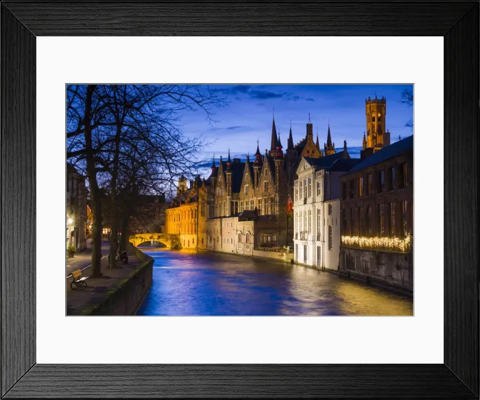 Framed Print : Belgium, Bruges, canalside buildings and Belfort Tower, dusk Framed Print : Belgium, Bruges, canalside buildings and Belfort Tower, dusk