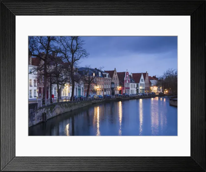 Framed Print : Belgium, Bruges, canal side buildings, dawn Framed Print : Belgium, Bruges, canal side buildings, dawn