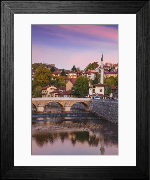 Framed Print : Bosnia and Herzegovina, Sarajevo, View towards Sehercehaja bridge, with Vratnik Citadel Framed Print : Bosnia and Herzegovina, Sarajevo, View towards Sehercehaja bridge, with Vratnik Citadel
