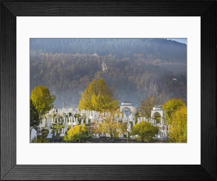 Framed Print : Bosnia and Herzegovina, Sarajevo, View of Alifakovac graveyard (where Muslim foreigners Framed Print : Bosnia and Herzegovina, Sarajevo, View of Alifakovac graveyard (where Muslim foreigners