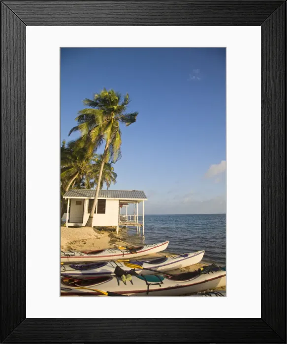 Framed Print : Belize, Tobaco Caye, Kayaks on beach by hotel cabanas Framed Print : Belize, Tobaco Caye, Kayaks on beach by hotel cabanas
