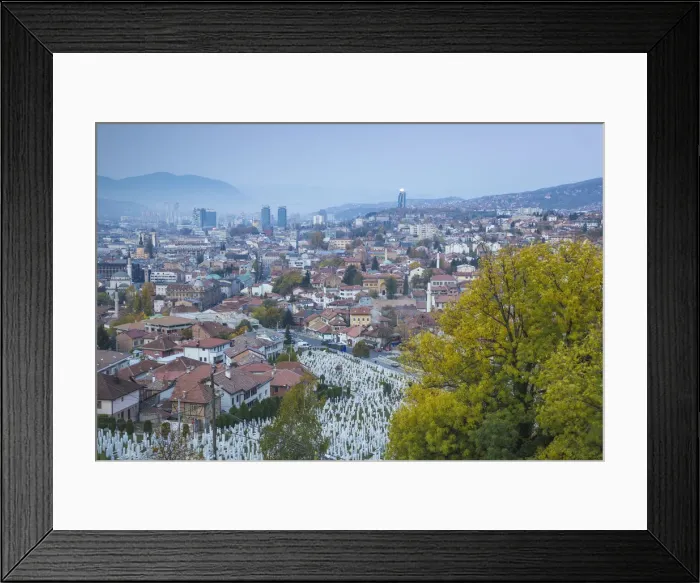 Framed Print : Bosnia and Herzegovina, Sarajevo, View over Kovaci War Memorial and Cemetery to the City Framed Print : Bosnia and Herzegovina, Sarajevo, View over Kovaci War Memorial and Cemetery to the City