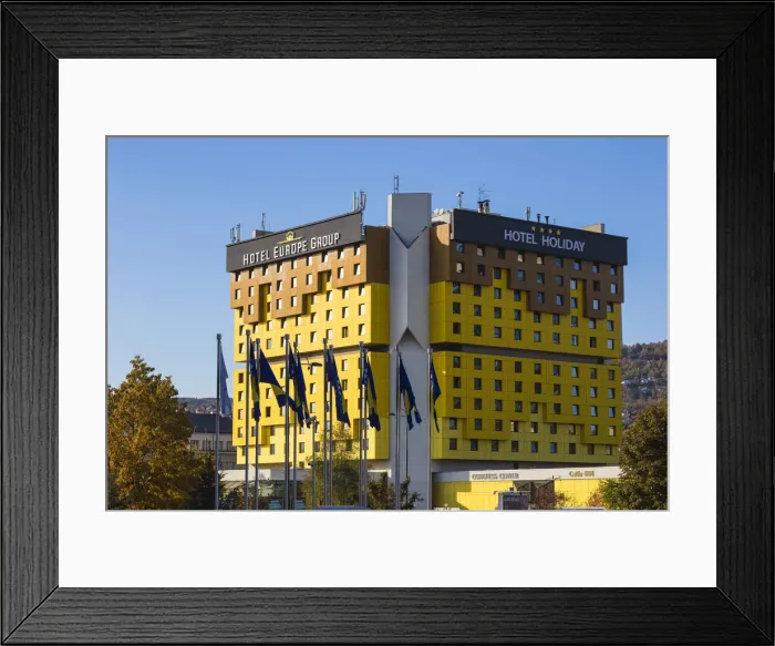 Framed Print : Bosnia and Herzegovina, Sarajevo, Hotel Holiday, prevoiusly the Holiday Inn - the base for journalists during the Bosnia war, located on the so-called Sniper Alley Framed Print : Bosnia and Herzegovina, Sarajevo, Hotel Holiday, prevoiusly the Holiday Inn - the base for journalists during the Bosnia war, located on the so-called Sniper Alley