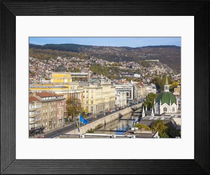 Framed Print : Bosnia and Herzegovina, Sarajevo, City View looking over the Miljacka River to Framed Print : Bosnia and Herzegovina, Sarajevo, City View looking over the Miljacka River to