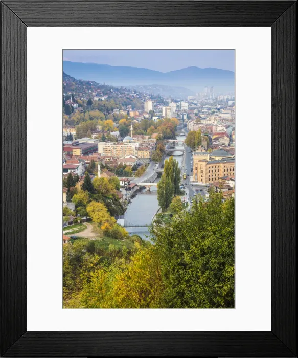 Framed Print : Bosnia and Herzegovina, Sarajevo, View of city and Miljacka River Framed Print : Bosnia and Herzegovina, Sarajevo, View of city and Miljacka River