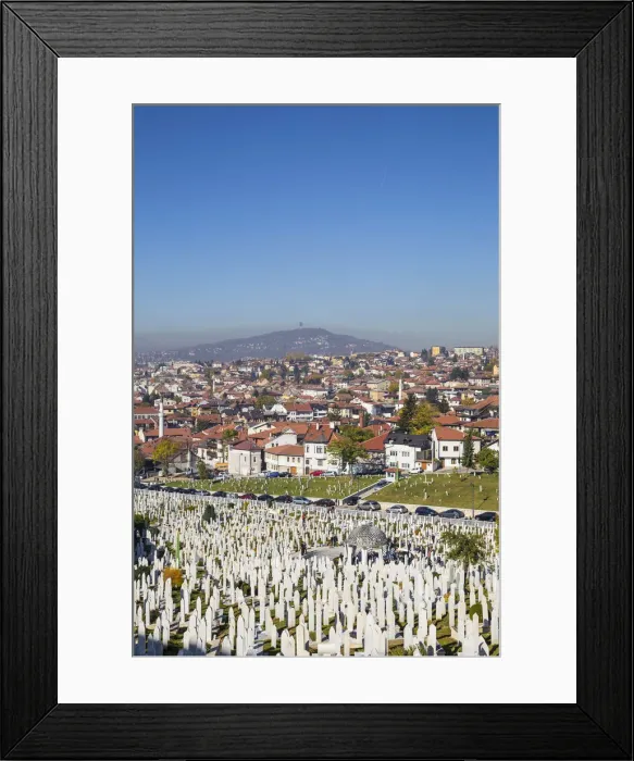 Framed Print : Bosnia and Herzegovina, Sarajevo, View over Kovaci War Memorial and Cemetery to the City Framed Print : Bosnia and Herzegovina, Sarajevo, View over Kovaci War Memorial and Cemetery to the City