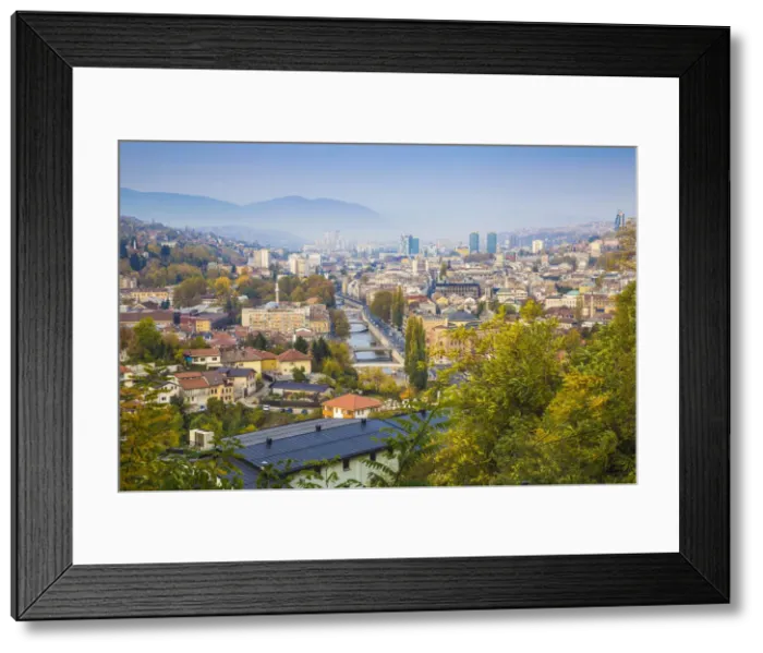 Framed Print : Bosnia and Herzegovina, Sarajevo, View of city and Miljacka River Framed Print : Bosnia and Herzegovina, Sarajevo, View of city and Miljacka River